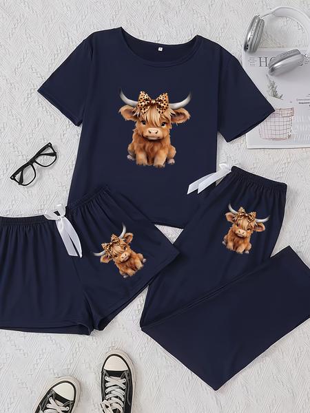 Cartoon Highland Cow Print Women's Pajama Sets, Casual All Seasons Nightwear, Fitted Knitted Fabric Sleepwear