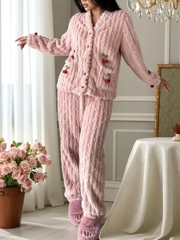 Women's Cherry Decor Fuzzy Lounge Set, Elegant Casual Long Sleeve Top & Pants Set, Women's Sleepwear for Fall & Winter, Pajama