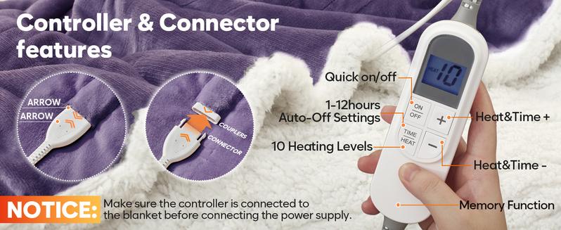 DOWNCOOL Wearable Electric Heated Blanket with Sleeves & Hood & Foot Pockets Flannel Sherpa Blanket for Adults Heated Blanket with 1-12 Hours Auto-off & 10 Heat Settings 50x70 Inch electric heating for Bedroom Home
