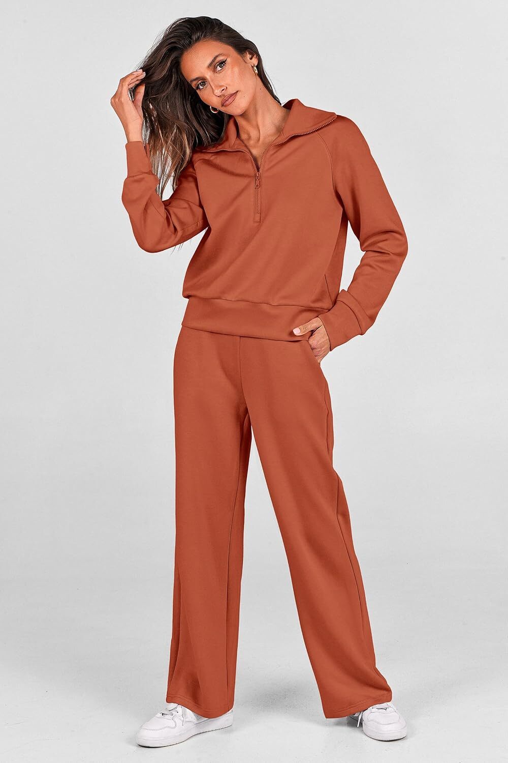 Women's 2 Piece Outfits Casual Lapel Half Zip Sweatshirts And Wide Leg Pants Tracksuit Sets