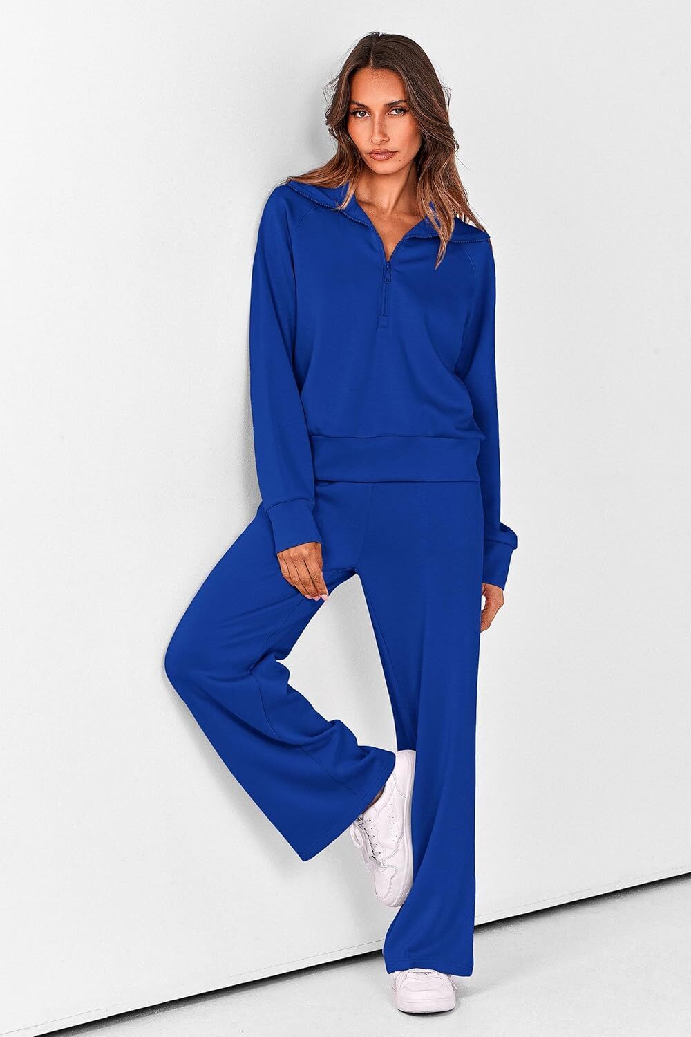 Women's 2 Piece Outfits Casual Lapel Half Zip Sweatshirts And Wide Leg Pants Tracksuit Sets