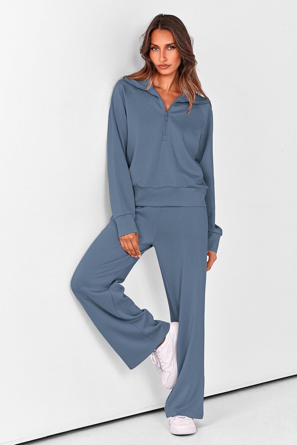Women's 2 Piece Outfits Casual Lapel Half Zip Sweatshirts And Wide Leg Pants Tracksuit Sets
