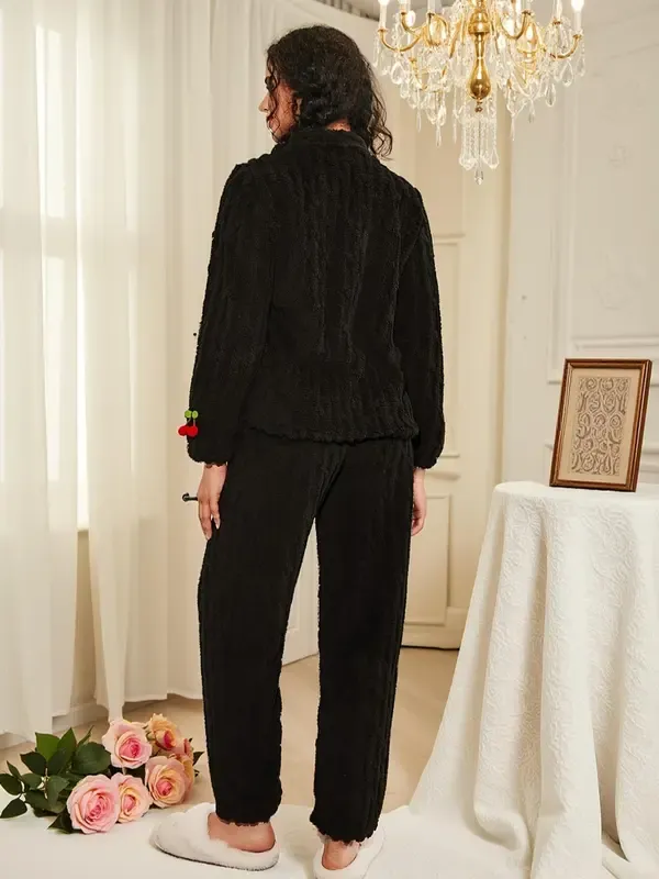Women's Cherry Decor Fuzzy Lounge Set, Elegant Casual Long Sleeve Top & Pants Set, Women's Sleepwear for Fall & Winter, Pajama