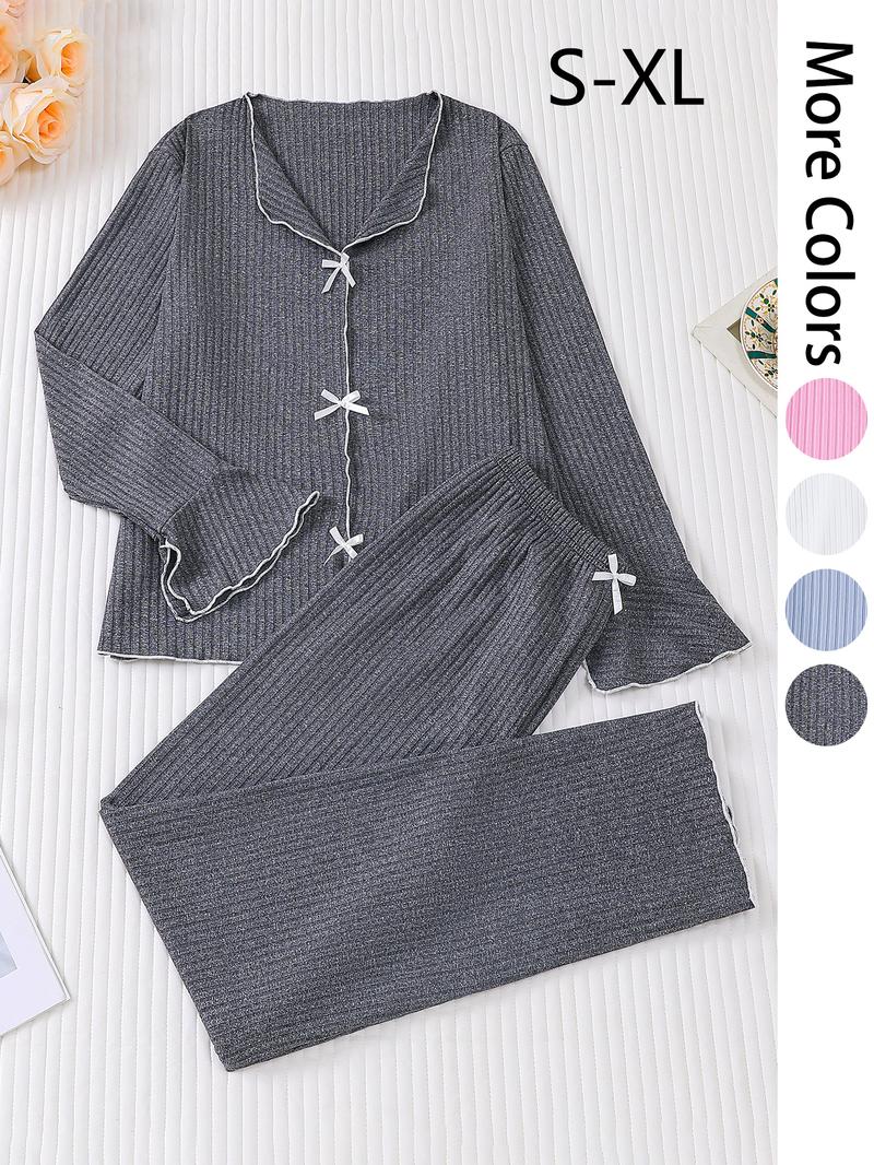 Women's Long Sleeve Top & Pants Pajama Set, Casual Comfy Bow Top & Trousers Pajama Set, Ladies Sleepwear for All Seasons