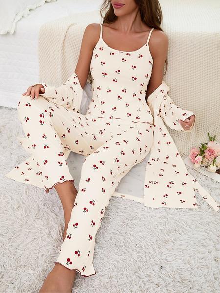 Cherry Print Women's Nightgown Set + Strap Pants, Comfortable Casual Home Wear, All-Season Fitted Sleepwear, Moderate Fabric