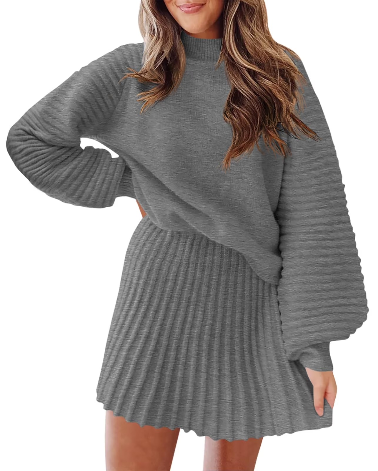 Women's 2 Piece Outfits 2026 Long Sleeve Mock Neck Ribbed Sweaters And Mini Skirt Two Piece Sets