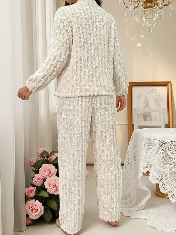 Women's Cherry Decor Fuzzy Lounge Set, Elegant Casual Long Sleeve Top & Pants Set, Women's Sleepwear for Fall & Winter, Pajama