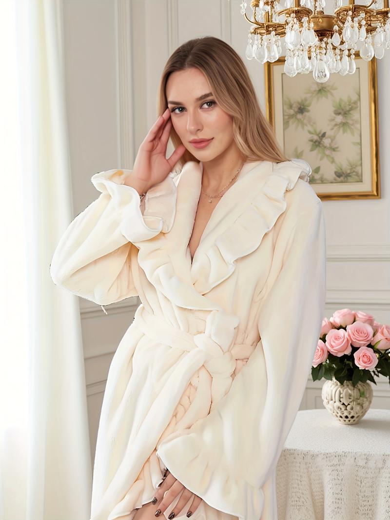 Fall & Winter Fitted Flannel Long Sleeved Robe with Ruffle Hem, Cozy Warmth and Elegant Style, Thick and Soft Layered Bathrobe