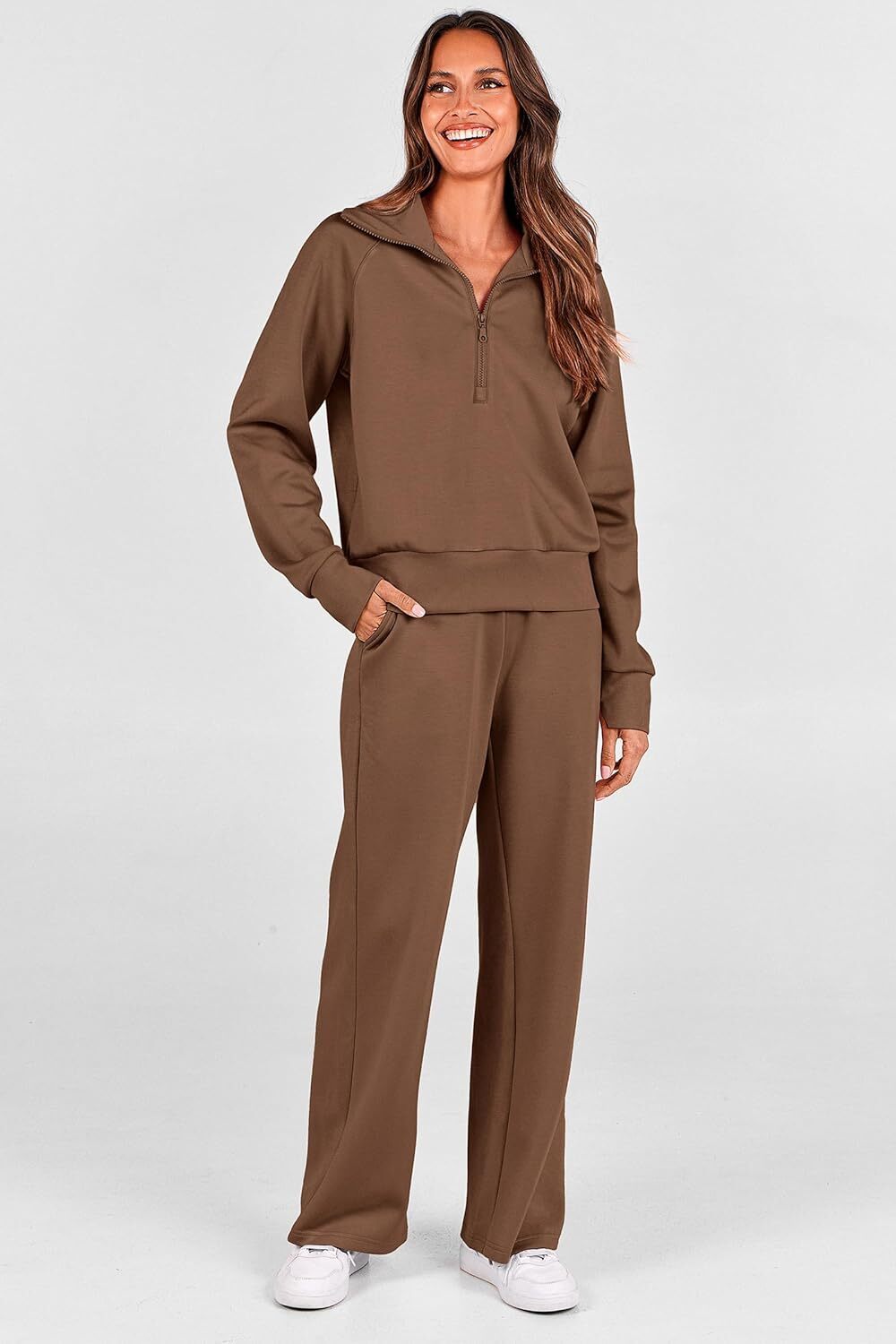 Women's 2 Piece Outfits Casual Lapel Half Zip Sweatshirts And Wide Leg Pants Tracksuit Sets