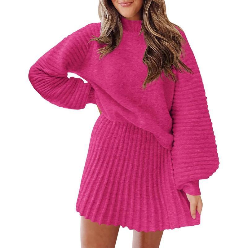 Women's 2 Piece Outfits 2026 Long Sleeve Mock Neck Ribbed Sweaters And Mini Skirt Two Piece Sets