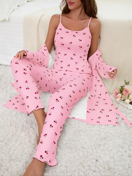 Cherry Print Women's Nightgown Set + Strap Pants, Comfortable Casual Home Wear, All-Season Fitted Sleepwear, Moderate Fabric