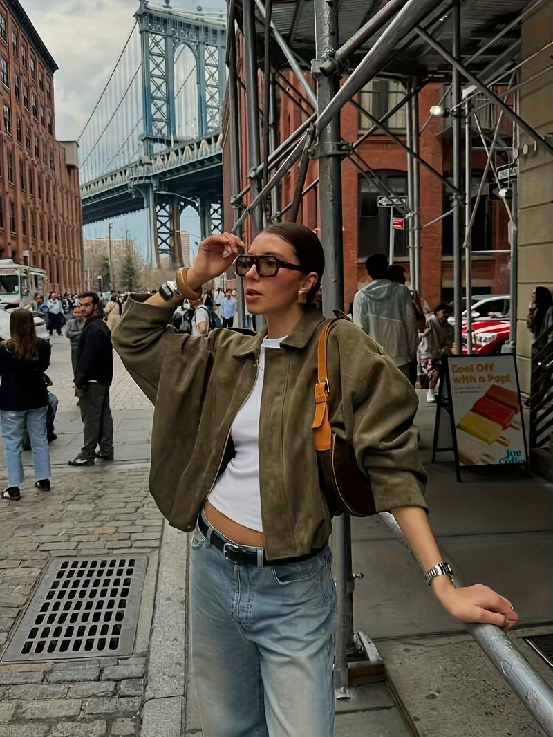 New Spring Autumn Military Short Jacket, Casual Minimalist Loose Fit Women's Coat, Trendy Army Color Outerwear for Daily Wear