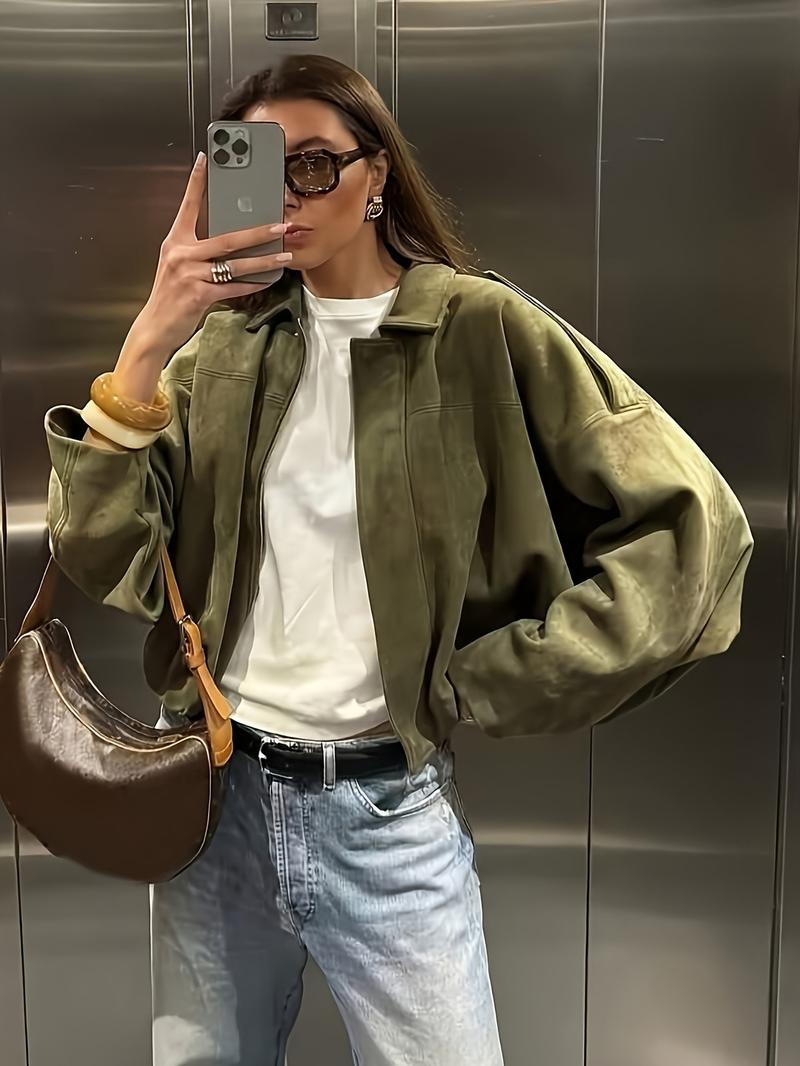 New Spring Autumn Military Short Jacket, Casual Minimalist Loose Fit Women's Coat, Trendy Army Color Outerwear for Daily Wear