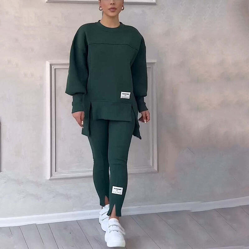 🎉Christmas Deals🎉Women's Casual Solid Color Round Neck Long Sleeve Slit Hem Sweatshirt Leggings Set