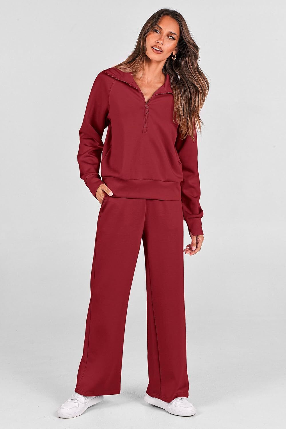 Women's 2 Piece Outfits Casual Lapel Half Zip Sweatshirts And Wide Leg Pants Tracksuit Sets
