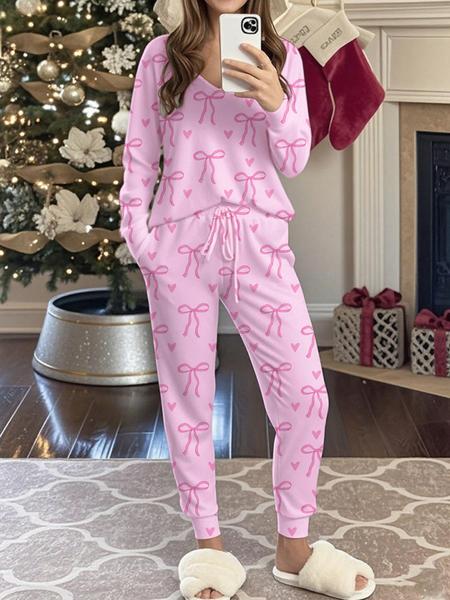 Women's Bow Print Casual Set, Long Sleeve V Neck Top & Tie Waist Pants, Spring & Fall Home Wear, Ladies Loungewear Sleepwear