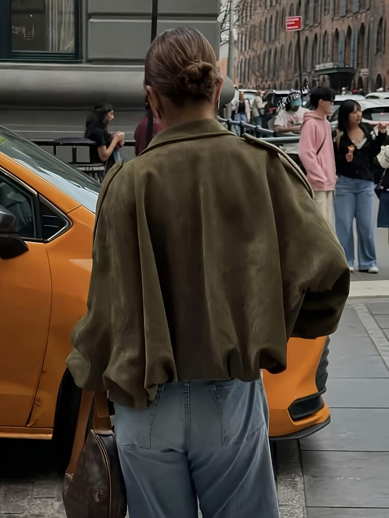 New Spring Autumn Military Short Jacket, Casual Minimalist Loose Fit Women's Coat, Trendy Army Color Outerwear for Daily Wear