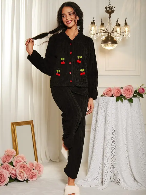 Women's Cherry Decor Fuzzy Lounge Set, Elegant Casual Long Sleeve Top & Pants Set, Women's Sleepwear for Fall & Winter, Pajama