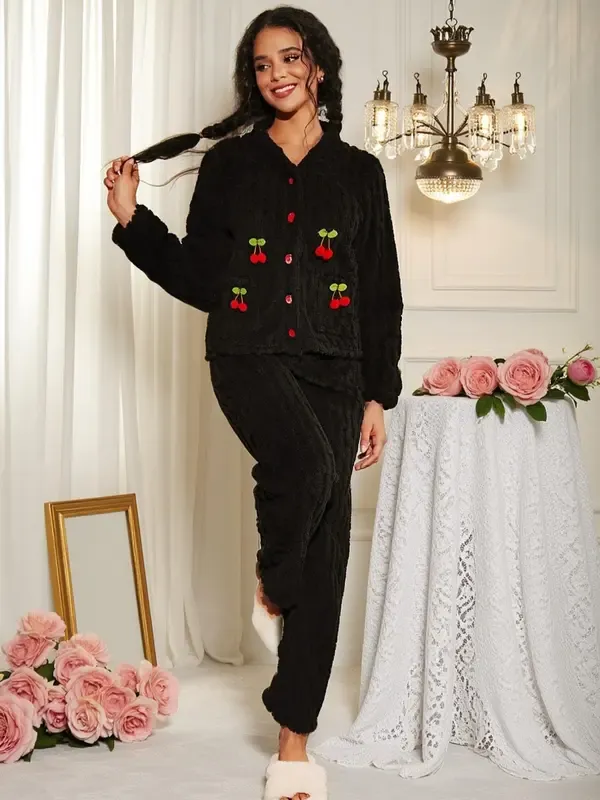 Women's Cherry Decor Fuzzy Lounge Set, Elegant Casual Long Sleeve Top & Pants Set, Women's Sleepwear for Fall & Winter, Pajama