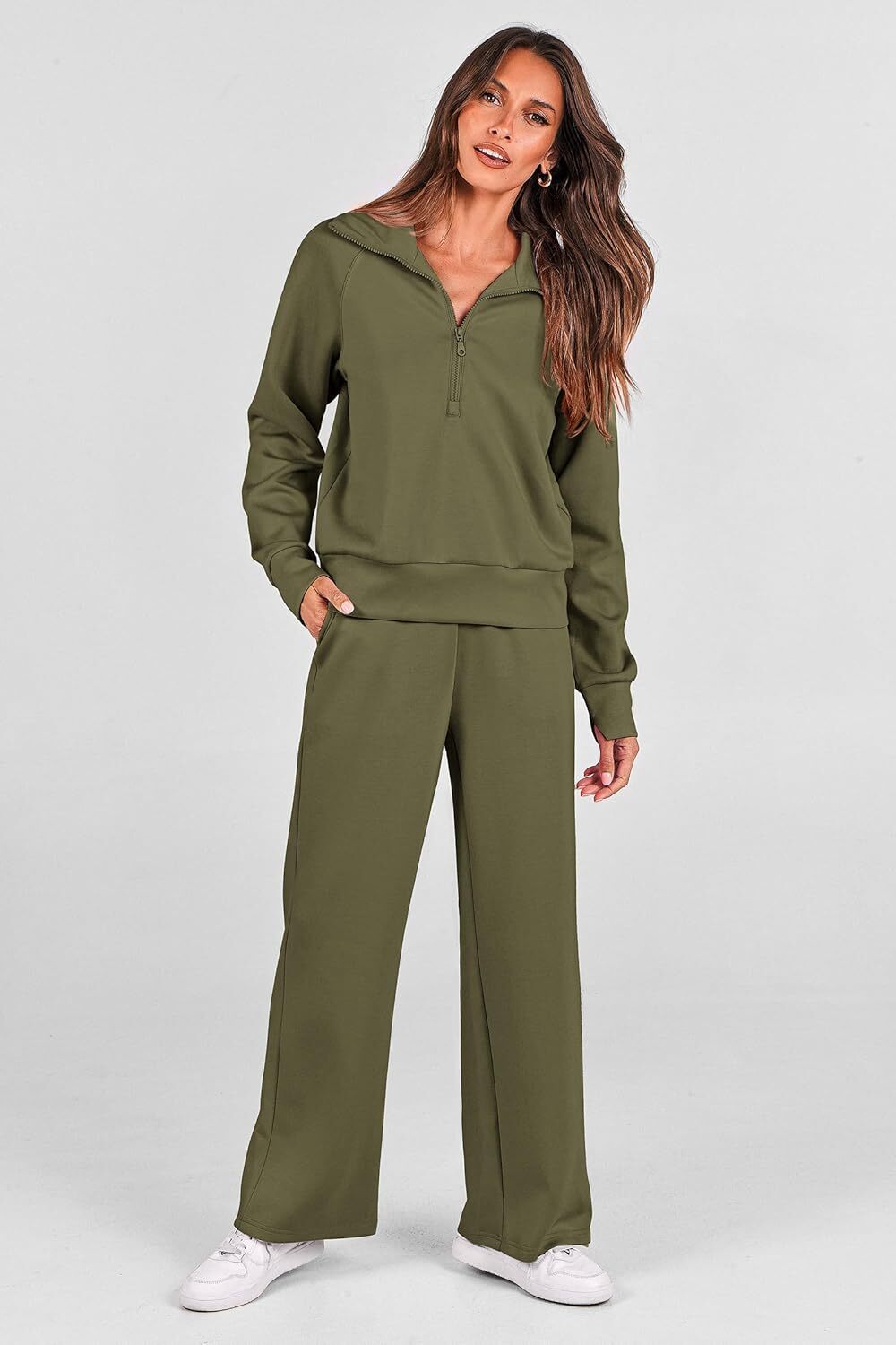 Women's 2 Piece Outfits Casual Lapel Half Zip Sweatshirts And Wide Leg Pants Tracksuit Sets