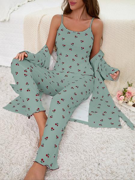 Cherry Print Women's Nightgown Set + Strap Pants, Comfortable Casual Home Wear, All-Season Fitted Sleepwear, Moderate Fabric