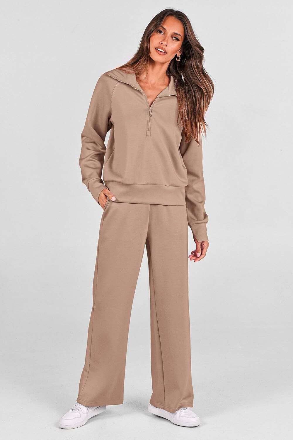 Women's 2 Piece Outfits Casual Lapel Half Zip Sweatshirts And Wide Leg Pants Tracksuit Sets