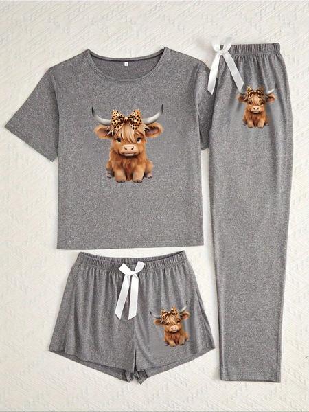 Cartoon Highland Cow Print Women's Pajama Sets, Casual All Seasons Nightwear, Fitted Knitted Fabric Sleepwear