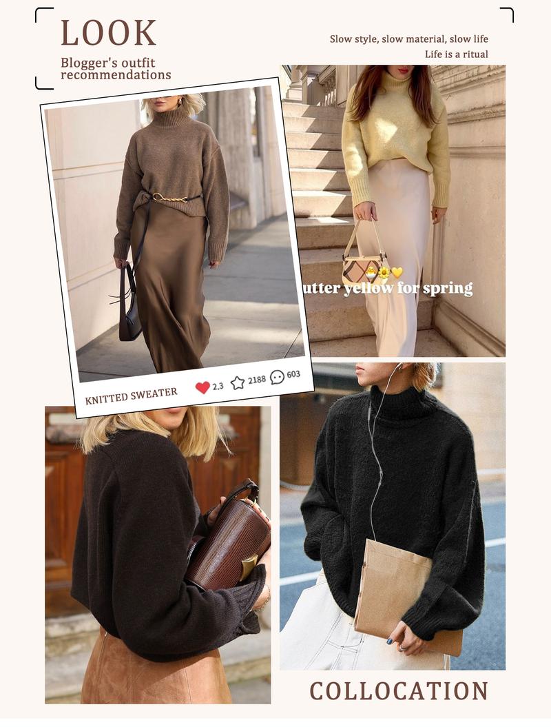 Autumn Winter Women's Knit Sweater High Neck Loose Casual French Style Elegant Simple Solid Color Pullover Long Sleeve Top