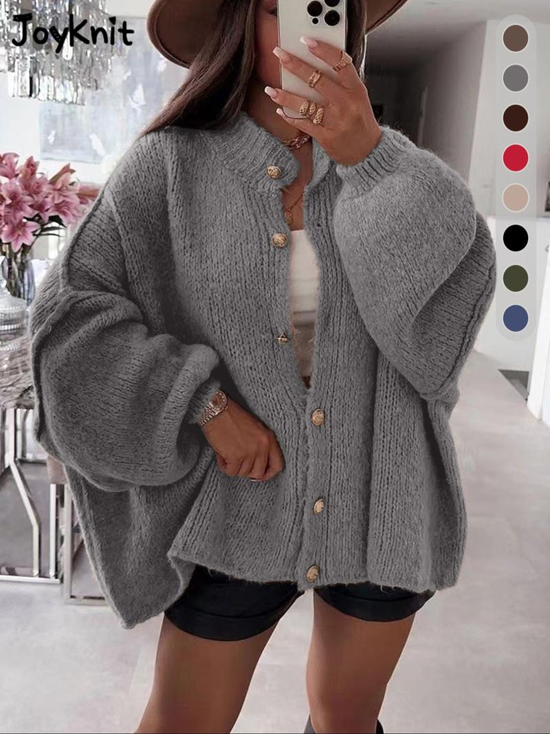 Women's Solid Color Button Cable Knit Cardigan, Casual Long Sleeve Open Front Outerwear for Fall & Winter, Women's Knit Clothing for Daily Wear