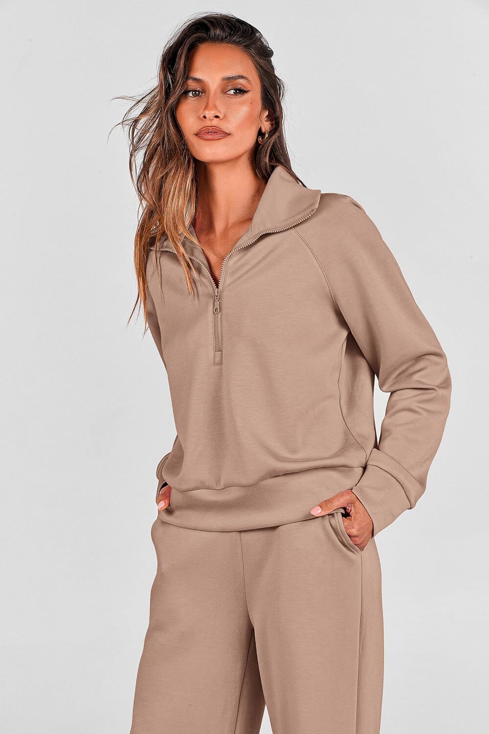 Women's 2 Piece Outfits Casual Lapel Half Zip Sweatshirts And Wide Leg Pants Tracksuit Sets