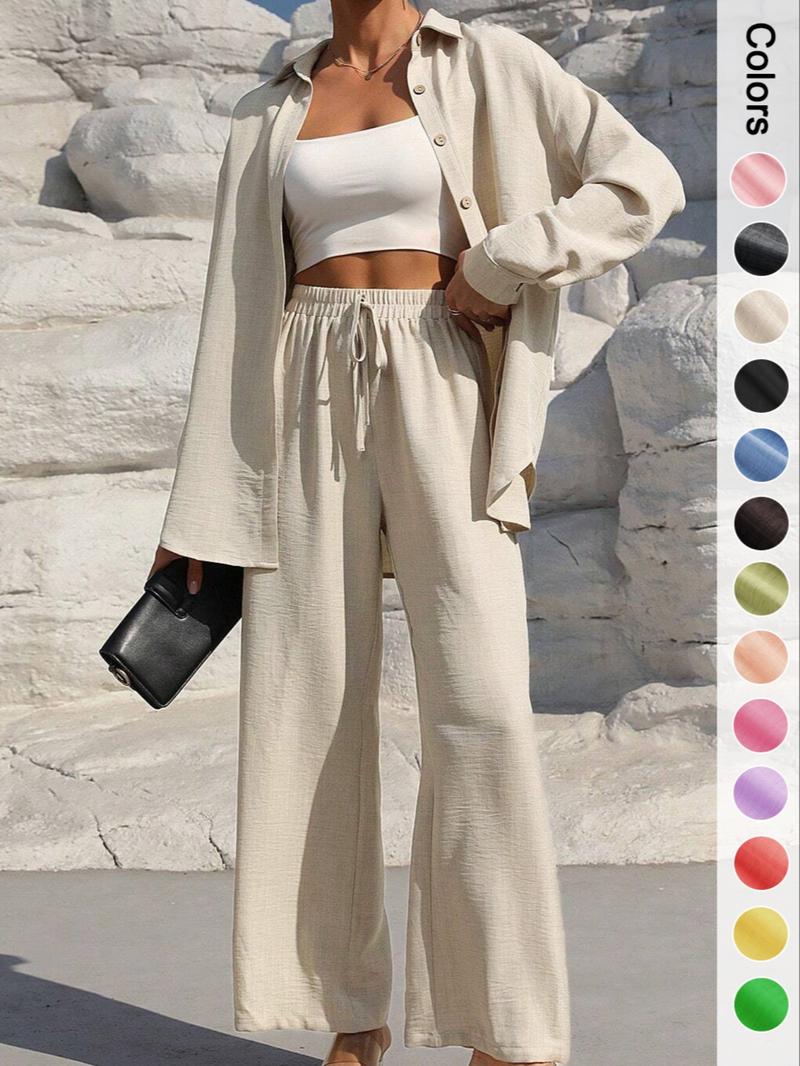 Women's Solid Button Front Collared Shirt & Tie Front Wide Leg Pants Two-piece Set, Casual Drop Shoulder Long Sleeve Top & Trousers 2 Piece Set for Spring & Fall, Women's Clothes for Daily Wear