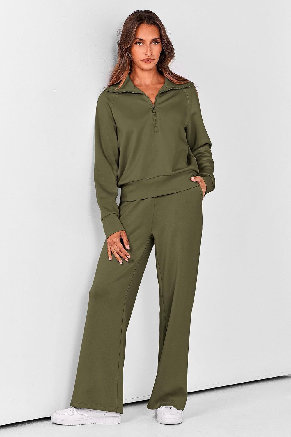 Women's 2 Piece Outfits Casual Lapel Half Zip Sweatshirts And Wide Leg Pants Tracksuit Sets