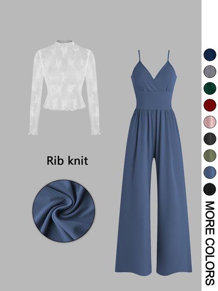 Women's Solid Color Lace Tee & Pocket Jumpsuit Two-piece Set, Elegant Fashion Casual Zipper Back Cami Jumpsuit & Long Sleeve Top for Daily Outdoor Wear, Women's Clothing for Spring & Fall