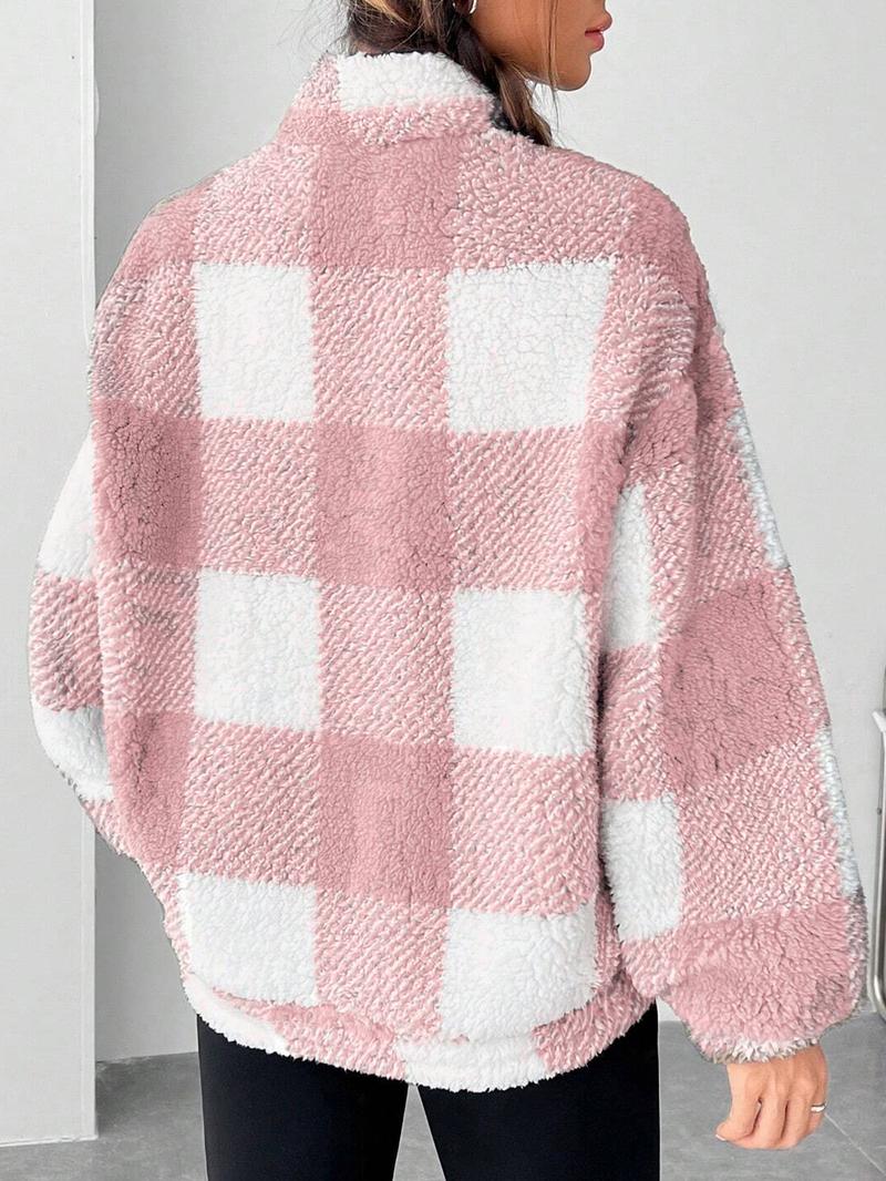 Women's Plaid Print Half Zip Drop Shoulder Fleece Sweatshirt, Casual Long Sleeve Stand Collar Pullover for Spring & Fall, Ladies Clothes for Daily Wear