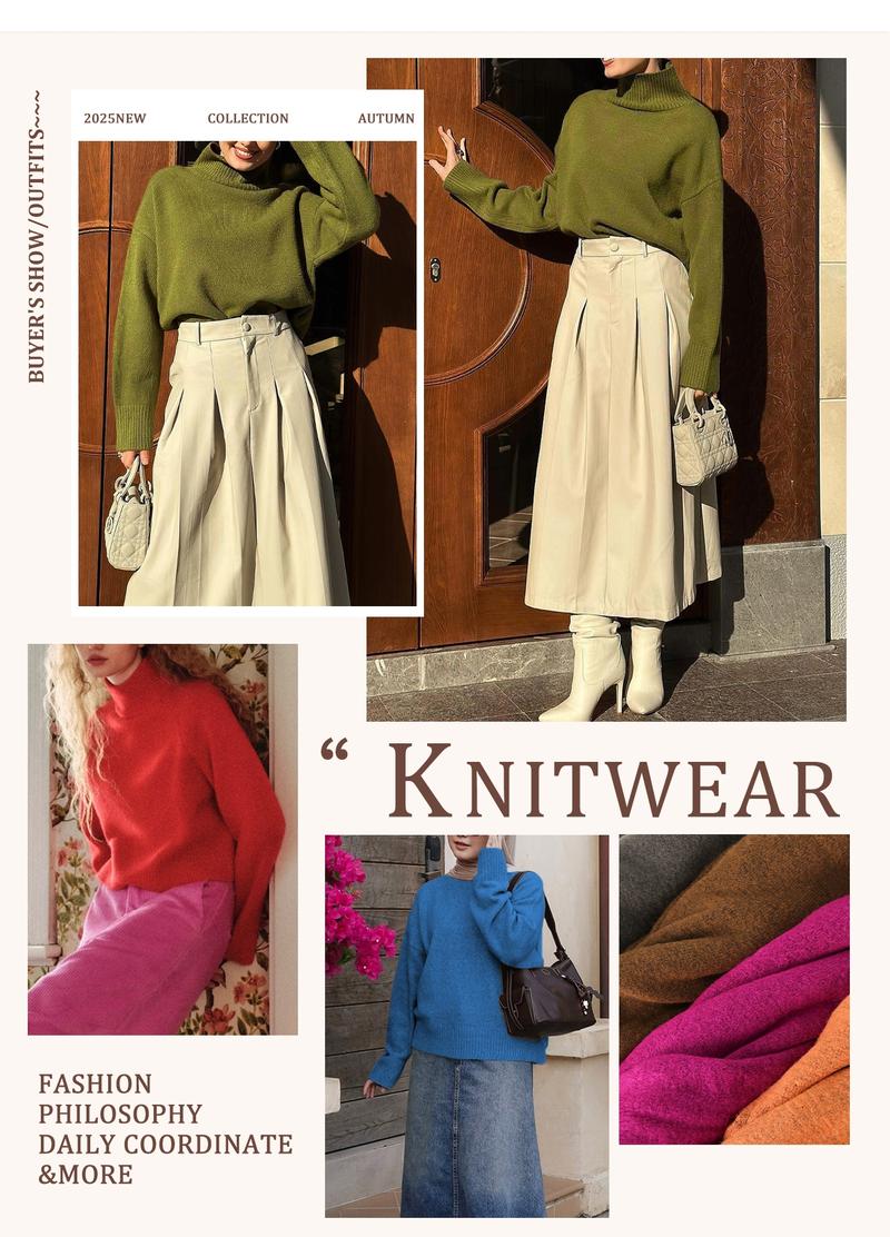 Autumn Winter Women's Knit Sweater High Neck Loose Casual French Style Elegant Simple Solid Color Pullover Long Sleeve Top