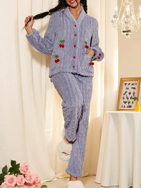 Women's Cherry Decor Fuzzy Lounge Set, Elegant Casual Long Sleeve Top & Pants Set, Women's Sleepwear for Fall & Winter, Pajama