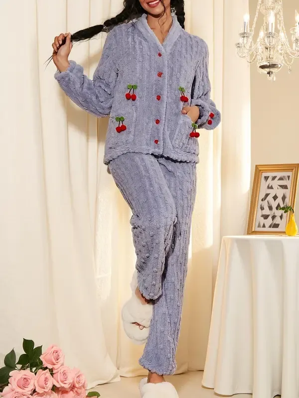 Women's Cherry Decor Fuzzy Lounge Set, Elegant Casual Long Sleeve Top & Pants Set, Women's Sleepwear for Fall & Winter, Pajama