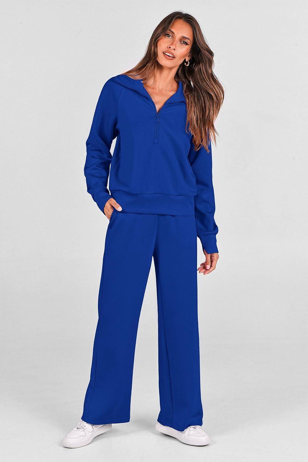 Women's 2 Piece Outfits Casual Lapel Half Zip Sweatshirts And Wide Leg Pants Tracksuit Sets