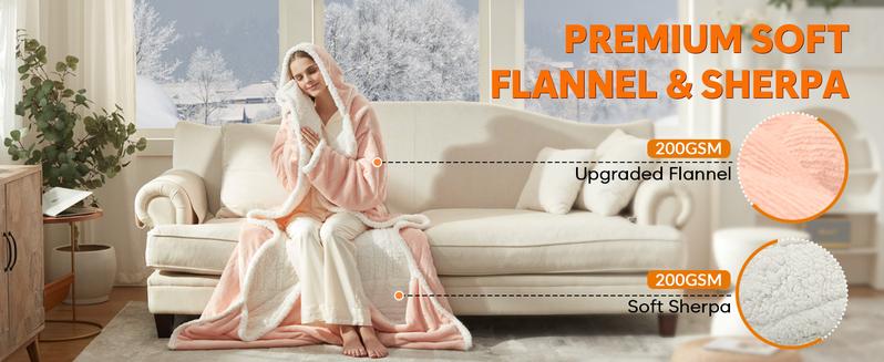 DOWNCOOL Wearable Electric Heated Blanket with Sleeves & Hood & Foot Pockets Flannel Sherpa Blanket for Adults Heated Blanket with 1-12 Hours Auto-off & 10 Heat Settings 50x70 Inch electric heating for Bedroom Home