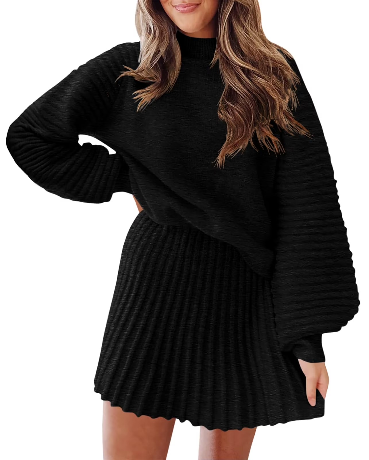 Women's 2 Piece Outfits 2025 Long Sleeve Mock Neck Ribbed Sweaters And