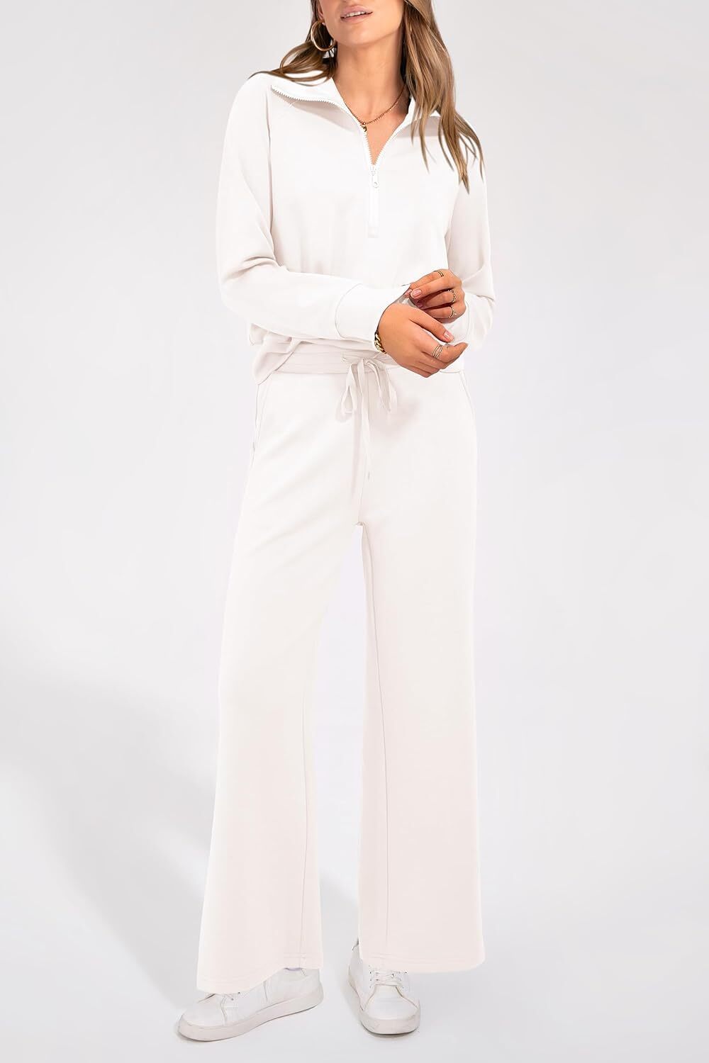 Women's 2 Piece Outfits Casual Lapel Half Zip Sweatshirts And Wide Leg Pants Tracksuit Sets