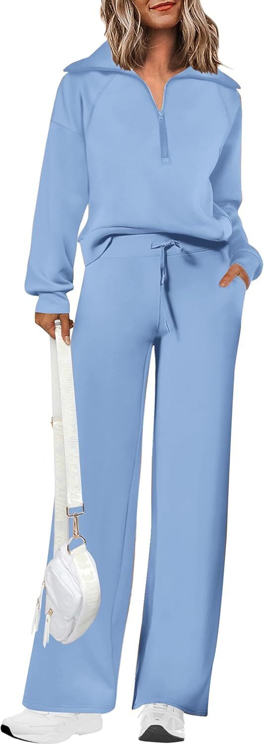 Women's 2 Piece Outfits Casual Lapel Half Zip Sweatshirts And Wide Leg Pants Tracksuit Sets