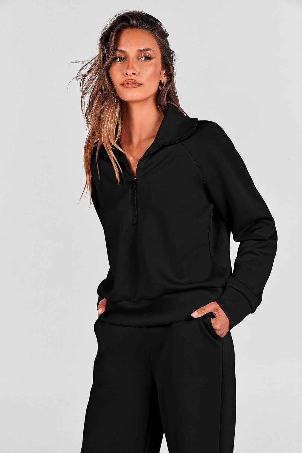 Women's 2 Piece Outfits Casual Lapel Half Zip Sweatshirts And Wide Leg Pants Tracksuit Sets