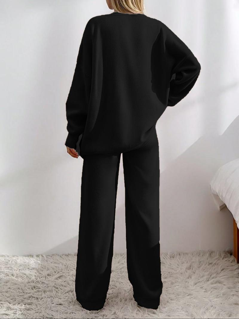 Women's Solid Button Front Drop Shoulder V Neck Cardigan & Elastic Waist Wide Leg Pants Two-piece Set, Casual Fashion Cozy Knitwear Set for Daily Outdoor Wear, Women's Knitwear for Fall & Winter