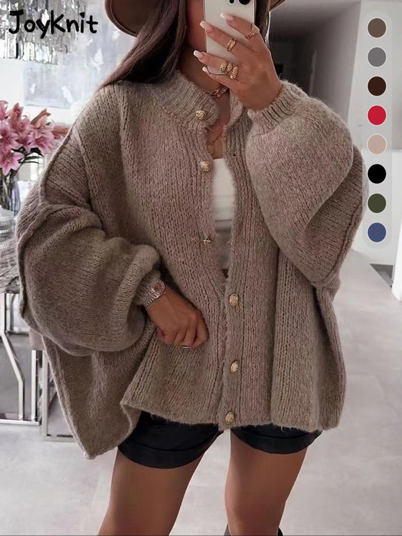 Women's Solid Color Button Cable Knit Cardigan, Casual Long Sleeve Open Front Outerwear for Fall & Winter, Women's Knit Clothing for Daily Wear
