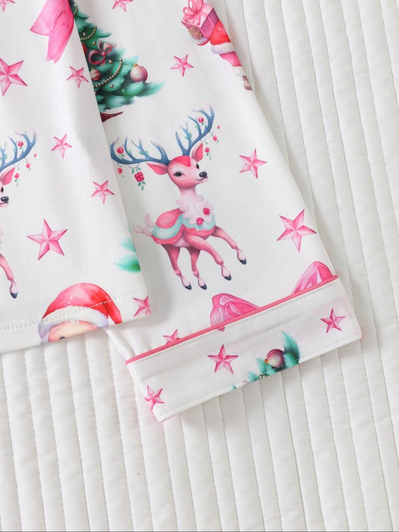 Two-piece Set Women's Christmas Print Button Front Pocket Shirt & Elastic Waist Pants Pyjama, Casual Comfy Long Sleeve Collared Top & Trousers Pyjama Set, Women's Sleepwear for Spring & Fall