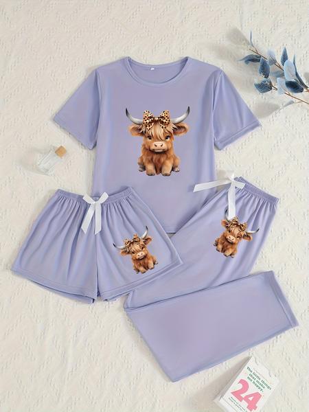 Cartoon Highland Cow Print Women's Pajama Sets, Casual All Seasons Nightwear, Fitted Knitted Fabric Sleepwear