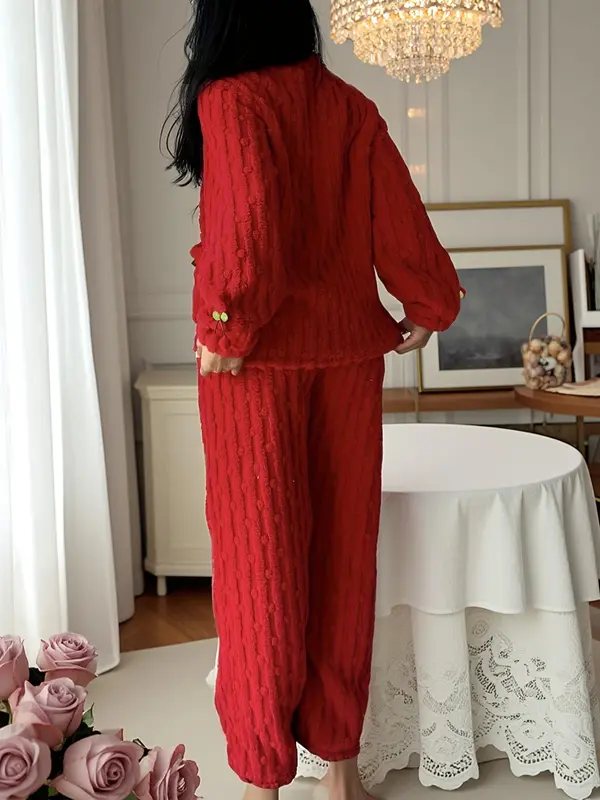 Women's Cherry Decor Fuzzy Lounge Set, Elegant Casual Long Sleeve Top & Pants Set, Women's Sleepwear for Fall & Winter, Pajama