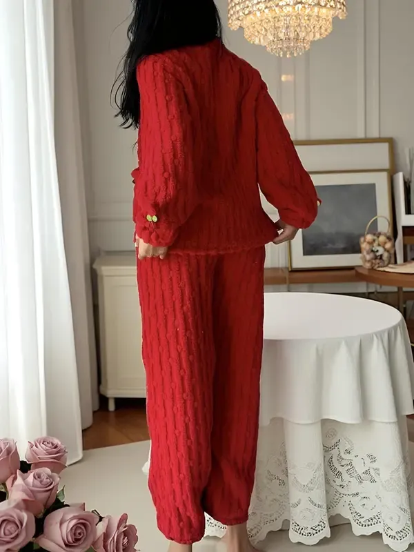 Women's Cherry Decor Fuzzy Lounge Set, Elegant Casual Long Sleeve Top & Pants Set, Women's Sleepwear for Fall & Winter, Pajama