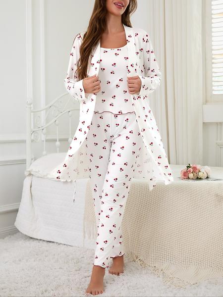 Cherry Print Women's Nightgown Set + Strap Pants, Comfortable Casual Home Wear, All-Season Fitted Sleepwear, Moderate Fabric